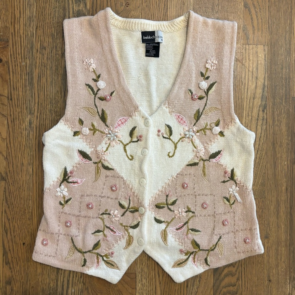 Vintage Pink Floral Embroidered Cottagecore Sweater Vest